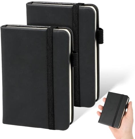 COLOFALLA 2 Stücke Schwarz Notizbuch A7 Taschennotizbuch A7 Notizbuch klein Mini Notizbuch mit Gummizug Pocket Notizbuch Planner für Schule Arbeit