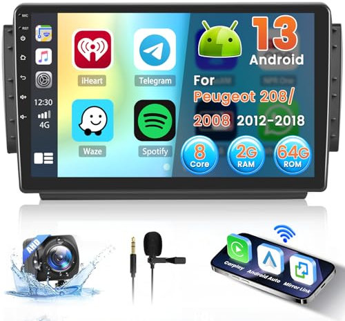 Inefala 8 Core 2+64GB Radio per Peugeot 208/2008 2012-2018 Android 15 con Wireless CarPlay Android Auto, 10.1 Pollici Stereo Touch con Bluetooth WIFI 59UI 32 EQ DSP GPS Comandi al Volante