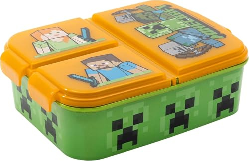 arlis Minecraft Brotdose mit 3 Fächern aus Kunststoff mit Clipverschlüssen, Lunchbox für Kinder (Minecraft Brotdose)