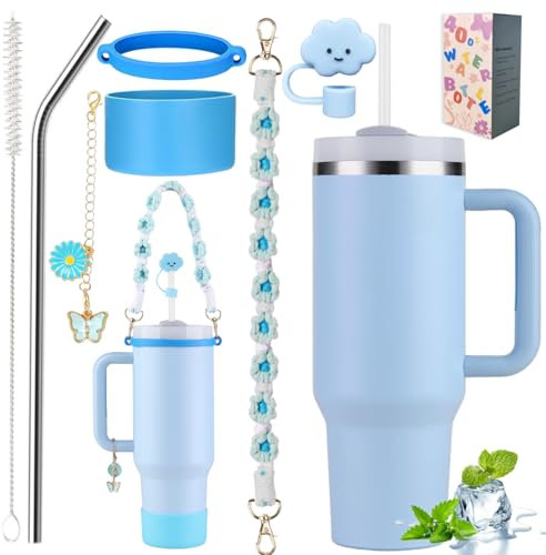 Sanilinwild 40 oz Tumbler Insulated Mug w/Straw & Flip Cap Lids - Cup Holder Bottle with 6 Accessories Set for Hot, Cold Drink - Leak-Proof - Water, Coffee Portable Travel Mug (Sky Blue)