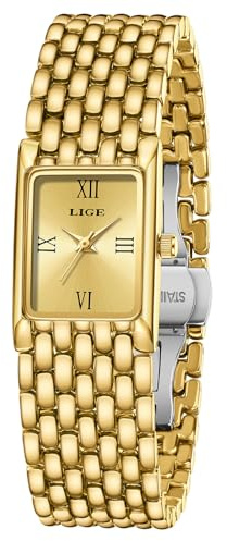LIGE Armbanduhr Damen Gold, Damenuhr Quadratische Form, Edelstahl 3AM Wasserdicht, Analog Quarz Leuchtend, Modische Geschenke, Geschäftliche Anlässe, Tägliche Zusammenkünfte