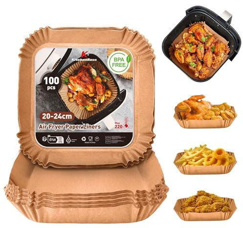 KitchenBoss Papel Para Freidora de Aire 100 Piezas: Papel Air Fryer Cuadrado 20-24CM, Desechable Antiadherente Impermeable a Prueba de Aceite Para 5-8L Freidora, Horno, Microondas