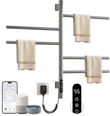 Handtuchheizkörper Elektrisch, 180° Drehung Badheizkörper Elektrisch, 415x680mm, 85W, Asche Handtuchheizkörper, Heizkörper Bad, Badheizkörper Handtuchhalter, mit Timer/Thermostat-G63 WiFi Gray