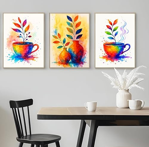 BACK TO VINTAGE Set of 3 Vibrant Teacup With Colorful Leaves And Steam - A4 Poster Art Print Wall Art Home Decor Coordinated Design Trio for Stylish and Harmonious Interior Wall Display