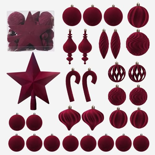Velvet Christmas Baubles, 30 Pcs Burgundy Christmas Decorations Baubles, Hanging Red Flocked Shatterproof for Xmas Tree Decorations, Tree Ornaments for Party Weddings Home Decor