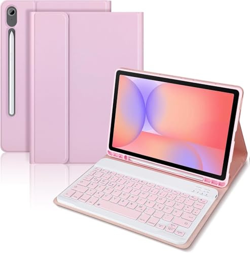 KTOITION Hülle mit Tastatur für Samsung Galaxy Tab S10 Lite/S10 FE/S9 FE/S9, Magnetisch Abnehmbare Bluetooth Tastatur Hülle mit Stifthalter, Mehrere Betrachtungswinkel, QWERTZ-Layout, Rosa