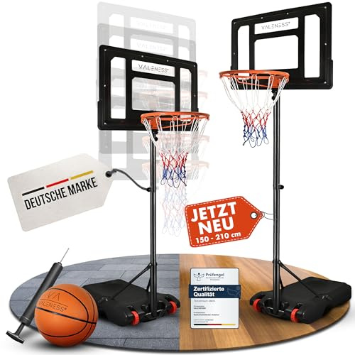 VALENESS® Canestro da Basket Regolabile [135 a 305 cm] - Resistente Alle Intemperie per Esterno - Con Pallone e Pompa per Bambini e Adulti (Bambini 150–210 cm)