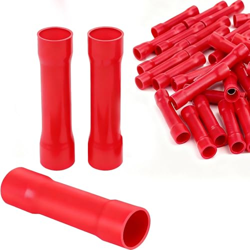Sekfpnk 100 Stück Stoßverbinder Set, 0,75-1,5 mm² Isolierte Kabelschuhe, PVC Rot Quetschverbinder für Isolierten Strom, Vollisolierte Kaltgepresste Klemmen