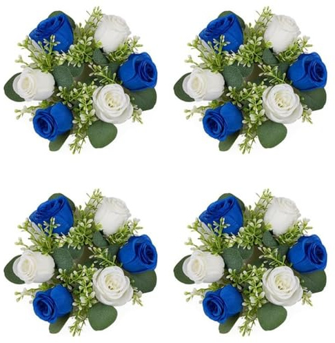 Xiyocadt 4 Stück Künstlicher Rosen-kerzenring,Künstlich für Blumen Deko Hochzeit,Kleine Kerzenringe-Kränze,Kuenstliche Blumen für Türkranz Moden Heimdekoration Party (Blau + Weiß)