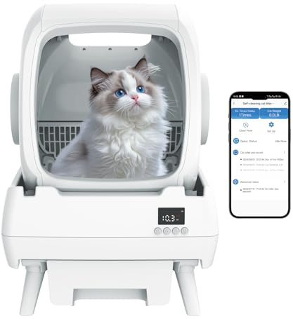 FRCFRC Automatic Cat Litter Box Self Cleaning - App Control, Cat Toilet Records, Suitable for Big Cats, Medium Cats, Kittens and Multi-Cat Families, Anti-Pinch, Low Noise【Assembly Required】- White