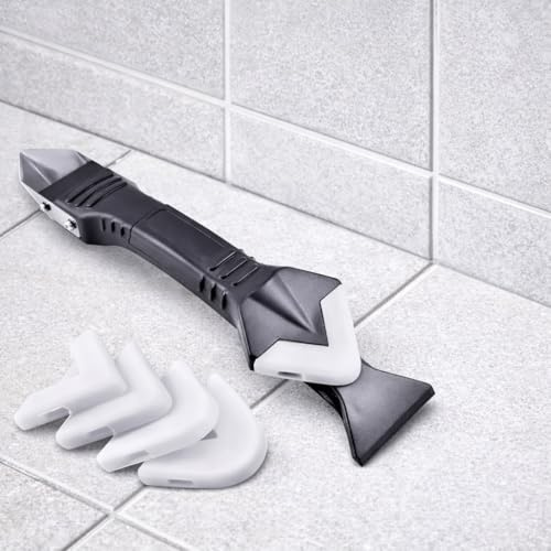 3-in-1 Caulking Tool – Stainless Steel Sealant Finishing Tool & Caulk Remover with Grout Scraper, Replaceable Silicone Pads for Bathroom, Bathtub, Kitchen, Window, Glass, Floor & Sink Joints