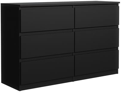 Masseno Kommode NUDO 138,5 cm Sideboard mit 6 Schubladen und Türen für Wohnzimmer Schlafzimmer Modern 138,5x39x78,5 cm Schwarz/Schwarz