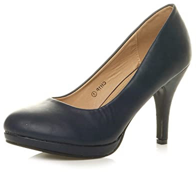 Womens Ladies mid high Heel Platform Work Evening Court Shoes Pumps, 3 UK, Navy Matte