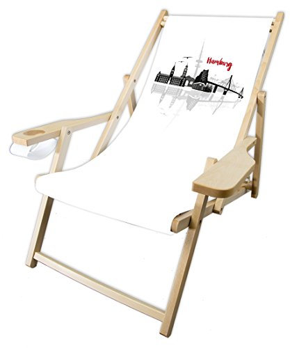 MultiBrands® Holz-Liegestuhl, mit Armlehne und Getränkehalter, klappbar, Skyline Hamburg