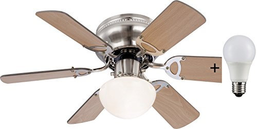 bmf-versand® Deckenventilator mit Beleuchtung und Zugschalter Leise - Ventilator Decke mit Licht LED - 6 Flügel Beidseitig Montierbar - Deckenlampe Lüfter Schlafzimmer 3 Stufen - Durchmesser 76 cm