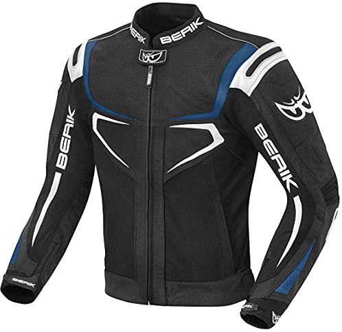 Berik Radic Giacca moto in pelle/tessuto, nero/blu/bianco, 48