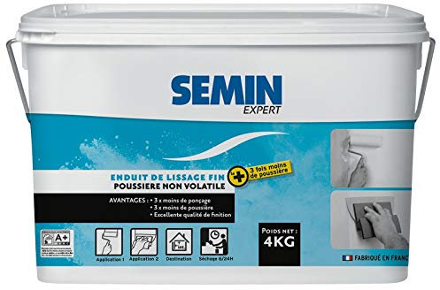 Semin Enduit de Lissage - Poussière Maîtrisée - Finition des Murs - 3 Fois Moins de Ponçage - Intérieur - Seau de 4 kg