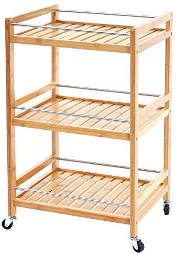 Mendler Rollwagen HWC-D91, Rollregal Allzweckwagen Bücherregal, 3 Ebenen Bambus 76x46x38cm