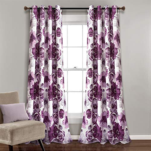 Lush Decor Leah Light Filtering Window Curtain Panels, Pair, 52 W x 84 L, Purple & Gray - Floral Drapes for Bedroom - Purple Curtains - Farmhouse Decor