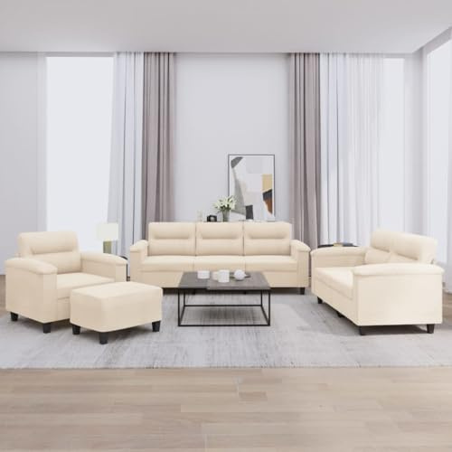 Owoxanthellate Beige 4tlg. Sofagarnitur mit Mikrofasergewebe 210x77x80 cm Moderne Wohnlandschaft mit Sessel 2+3 Sitzer Sofa Hocker für Living Room Bedroom