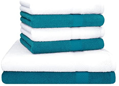 Betz Palermo 6er Set Handtuch 2 Stück Duschtücher 70x140 cm 4 Stück Handtücher 50x100 cm Liegetuch Saunatuch - Petrol - weiß
