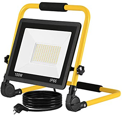 UISEBRT LED Baustrahler 100W Warmweiß Baustellen Strahler inkl. Standgestell und Netzkabel, LED Fluter Arbeitsscheinwerfer Wasserdicht IP66 für Garage, Garten, Baustelle