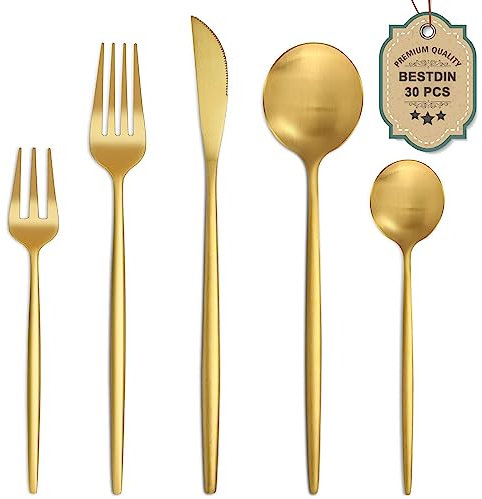 Bestdin Set de couverts pour 6 personnes, 30 pièces en acier inoxydable doré mat, set de couverts avec couteau, fourchette, cuillère, qualité supérieure, passent au lave-vaisselle.