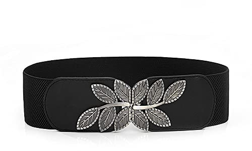 Liitata Cinturón elástico ancho para mujer, cinturón elástico vintage, cintura elástica, cintura moda, cinturón ajustable cintura con hebilla aleación, para vestir, suéter, abrigo hojas negras, Negro