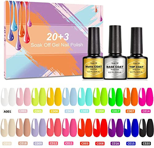 23 Pcs Pintauñas Semipermanentes de Gel UV LED - SHOWNAIL 20 Colores Esmalte Semipermanente de Uñas Gel Luminosos de Neón Efecto con Base y Top, Mate Coat Esmalte de Uñas Semipermanentes