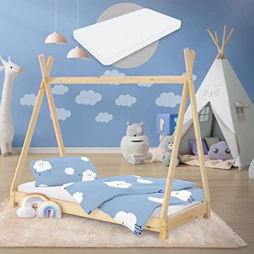 ML-Design Kinderbett Tipi 80x160 cm Natur mit Matratze & Lattenrost, Indianer Bett aus Kiefernholz, Hausbett für Mädchen und Jungen, Bodenbett Kinderhaus Jugendbett Holzbett Bettenhaus Spielbett Zelt