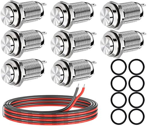 Guuzi 8pcs Pulsadores Momentáneos Impermeables De 12mm, 2A, 12V/24V/125V/250VAC, Botón De Encendido Y Apagado De Acero Inoxidable (Cabeza Alta)