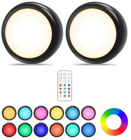 Cadrim Luci Armadio Luce Notturna Lampada Armadio RGBW 2PZ LED Multicolore Illuminazione 13 Colori 2 Modalità Luminosità Regolabile RGBW Lampada Senza Fili Adesiva 2 Telecomando Manuale Timer Vetrina