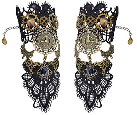 Aabellay Damen Fingerlose Spitzen Handschuhe Gothic Victorian Armbänder Retro Spitze Steampunk Gear Armkette Steampunk Armbänder Set Vintage Opern Handschuhe Halloween Braut Zubehör 1 Paar - S392