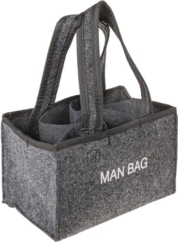 MIJOMA Stilvoller Filz Flaschenträger Biertasche für 6 Flaschen 0,33l/0,5l – Männerhandtasche, Perfekt für Vatertag & Grillpartys (Grau mit Stickerei 'Man Bag')