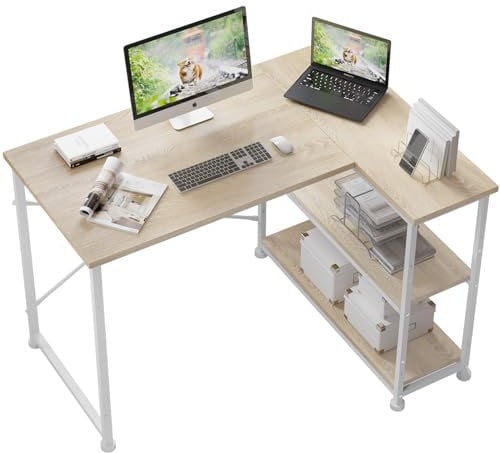 TRIUMPHKEY 110 * 80cm L Shaped Computer Desk with Reversible Large Storage Shelves, Corner Desk Computer Workstation Matching Under Desk Height Adjustable Storage, Home Office Work Table, Oak