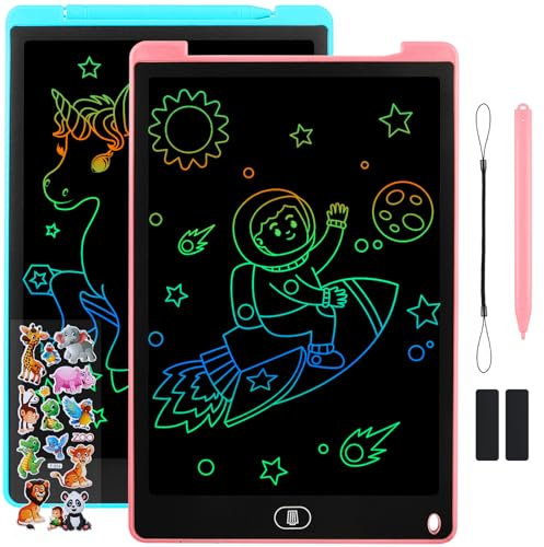 Damcyer 12 Zoll LCD Schreibtafel Kinder 2 Pack,LCD Zaubertafel mit Tieraufklebern,Wiederverwendbarer Zeichentablett für Kinder und Erwachsene Geburtstags Geschenke Spielzeug,Blau + Rosa