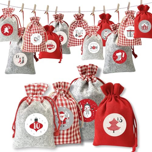 Adventskalender zum Befüllen, 24 Adventskalender Selberbefüllen Stoffsäckchen, Weihnachtskalender zum Befüllen Groß, Adventsäckchen zum Selber Befuellbar Stoff für Kinder 2025 (Rot)