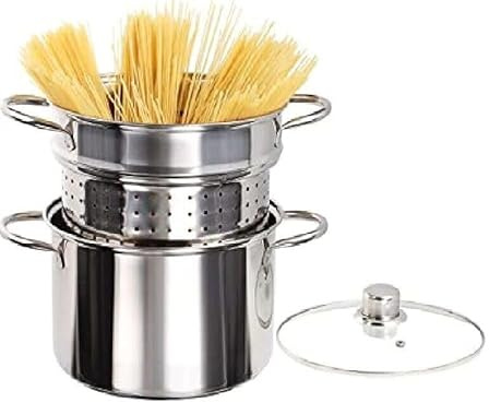 Stainless Steel 3 Tier Spaghetti, Pasta, Asparagus, Noodles Pot Strainer with Vented Glass Lid - 18 cm