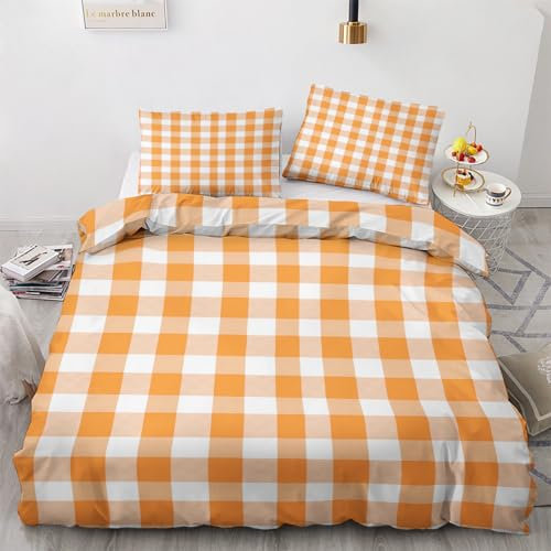 Erntedankfest Bettwäsche 135x200 Winter - Orange Weiß Karo Bettbezug 135 x 200 2er Set, Wendebettwäsche und Kissenbezug 80x80, Weiche & Angenehme Mikrofaser Bettwäsche-sets mit Reißverschluss