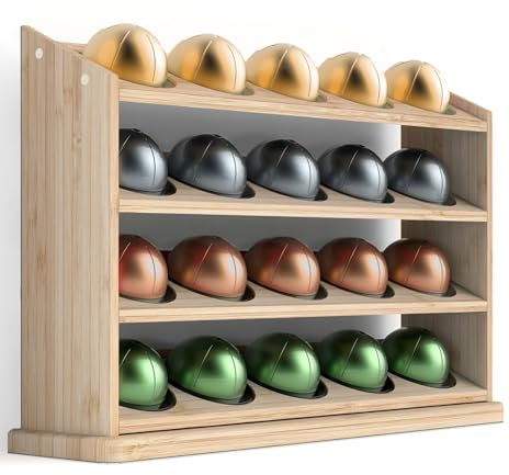 GALVANOX 4-Tier Coffee Pod Holder Designed for 20 Nespresso Vertuo Capsules, Natural Bamboo Wood Display Rack Organizer (Vertuoline Pods Only)