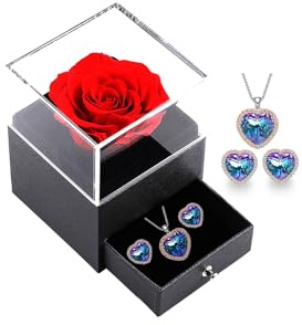 Rose Eternelle avec Collier, Préservée Rose Collier Amour et Boucle D'oreille Bijoux,Cadeau de fête des grands-mères/ Cadeau pour Femme Anniversaire/Cadeau de Noël/Cadeau Saint Valentin (Gold-purple)