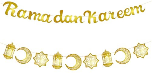 Ramadan Kareem Deko Girlande, 2 Stücke Eid Mubarak Banner Hängende Girlanden, Gold Glitzerndes Banner Mond Stern Laterne Eid Mubarak Dekorationen für Eid Festival Party Dekorationen