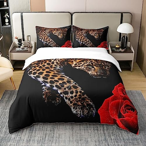 Housse de Couette Léopard Coton 200x200,Ensemble de Literie Léopard Rose Rouge pour Les Couples,Housse de Confort Rose Romantique,Ensemble de Lit Wildlife avec 2 Taies d'oreiller