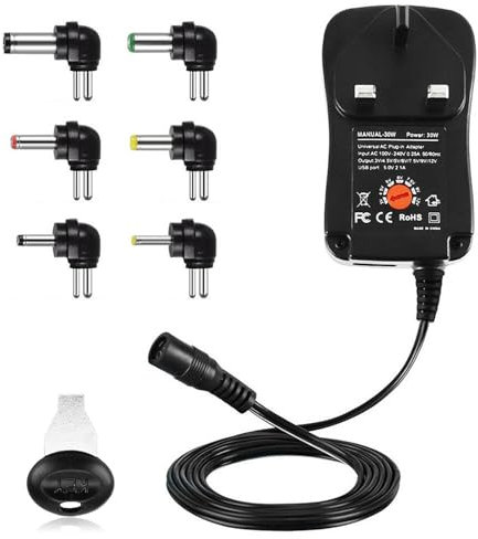 BaFra 30W Universal Power Adapter 3V 4.5V 5V 6V 7.5V 9V 12V 2A/2.5A AC/DC Switch Power Supply USB Universal Charger with 6DC Connectors for Household Electronics