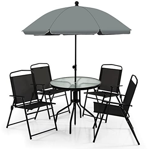KOMFOTTEU Conjunto de Muebles de Jardín de 6 Piezas, Juego de Patio con Sombrilla, Mesa de Vidrio y 4 Sillas Plegables, Juego de Conversación para 4 Personas con Protección Sol para Exterior, Negro