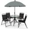 KOMFOTTEU Ensemble de meubles de jardin 6 pièces avec parasol, table en verre et 4 chaises pliantes, ensemble de conversation pour 4 personnes avec protection solaire, noir