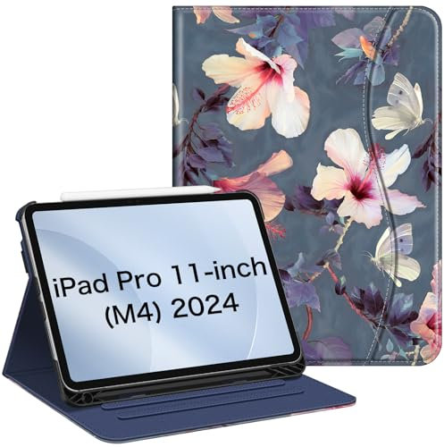 Fintie Funda tipo libro para iPad Pro de 11 pulgadas (M5) 2025 / (M4) 2024 – Funda protectora inteligente con múltiples ángulos de visión con soporte para lápices y bolsillo (hibisco floreciente)