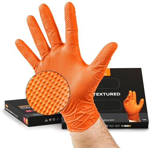 NIMEDA Gummihandschuhe Einweg XXL Orange 50 Stück Nitrilhandschuh 2-3 x dicker Einmalhandschuh Arbeitshandschuh puderfrei latexfrei mit Diamant Grip | Größe XXL