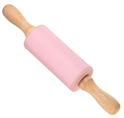 CoCud Mattarello in Silicone, Lunghezza 9,25, Silicone Quercia Antiaerente Rullo Pasta Fondente con Manico Ergonomico in Legno Rosa per Progetti Cottura Fai Da Te