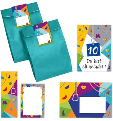 6 Einladungskarten zum 10. Kindergeburtstag Klettern Bouldern Mädchen Jungen Einladungen zehnte Geburtstag incl. 6 Umschläge, 6 Partytüten/petrol, 6 Aufkleber, 6 Lesezeichen, 6 Mini-Notizblöcke